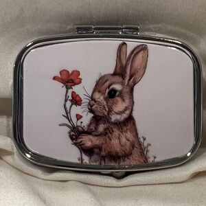 Bunny Flowers Travel Pill Box 2 Compartment Decorative Medicine Case Metal NEW